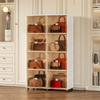 Modern Folding Handbag Display Storage Cabinet with Transparent Doors and Wheels, Stackable Closet Organizer for Purses and Accessories – 8 Cubbies
