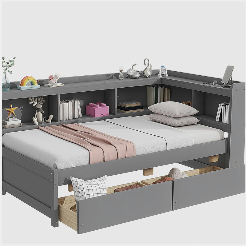 Lit superposé en forme de L avec prises de courant, ports de chargement USB et deux tiroirs, Lit simple, Gris