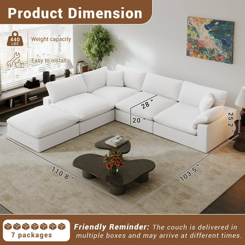 Upholstered Cloud Sofa, 5 Seater Cloud Couch Modular Sectional Sofa with Ottoman and Removable Cover Deep Seat Couch for Living Room Bedroom