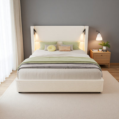 Upholstered Bed Frame With High Wingback Headboard,Reading Lamp And USB Port