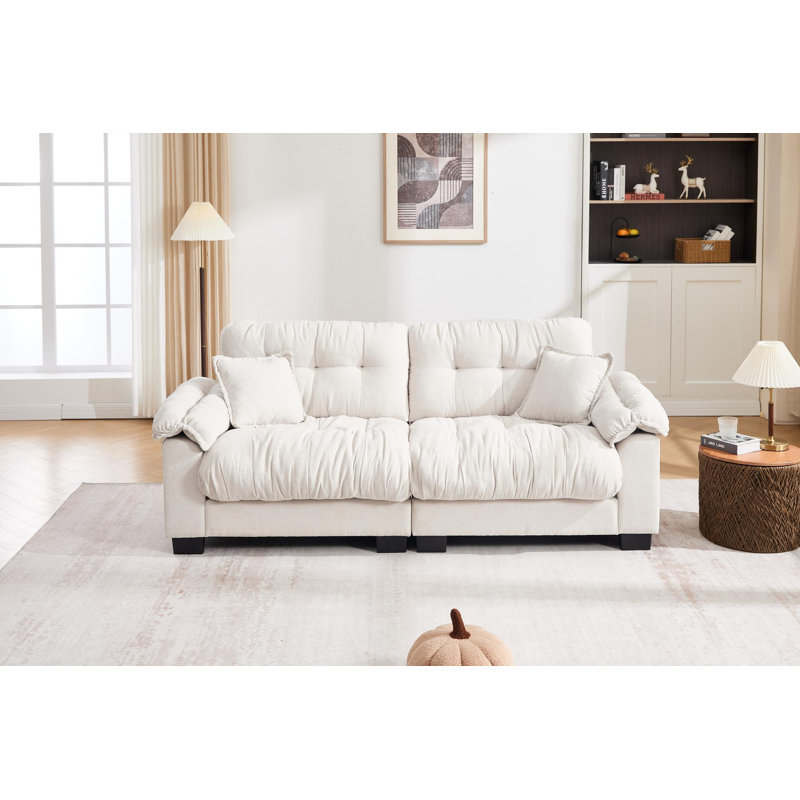Pleated Chenille Three-Seater Sofa, Beige