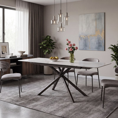 Retractable Sintered Stone Dining Table 70.87" Black Steel Legs Seats 6-8