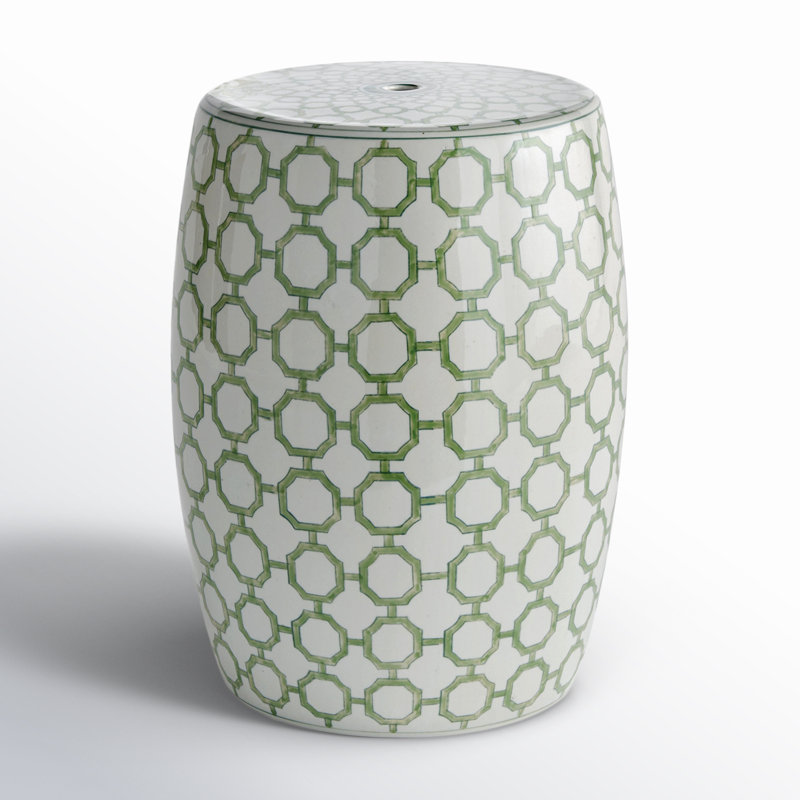Green and White Ceramic Chinoiserie Accent Stool