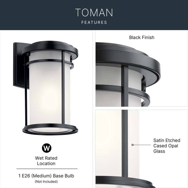 Toman 13.50-in Black 1-Light Outdoor Wall Light with Satin Etched Glass Shade, Black, 13.5" H x 8" W x 8" D, 75