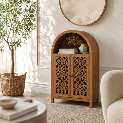 Hand-Carved Arched Solid Wood Storage Cabinet with Open Shelf and 2 Doors, Tall Narrow Accent Cabinet for Living Room Bedroom Entryway, Multi-Functional Home Organization Furniture for Display and Storage of Daily Essentials