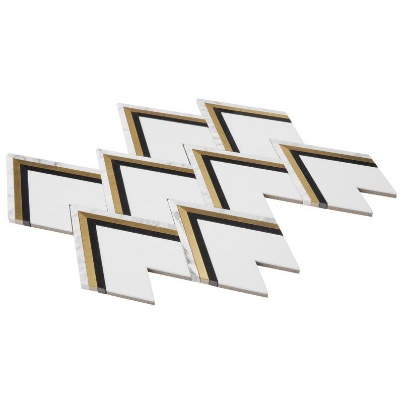 Vanessa Deleon VZAG 13x17 Polished Marble and Brass Inlay Mosaic Tile, Nero Black/Gold/White