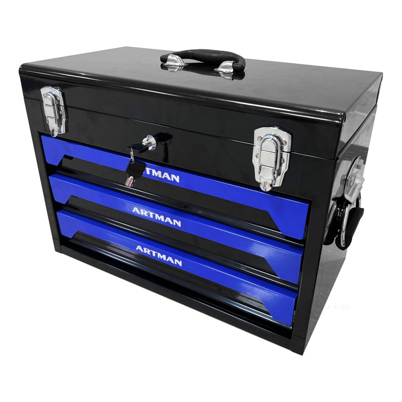 Boîte à outils 20 po 3Drawer portable en acier, 4 couches d'outils avec loquets en métal, avec plateau de rangement supérieur et poignée de transport, rangement d'outils multifonctionnel pour le garage, la maison ou l'établi, noir et bleu