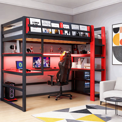 Modern Gaming Loft Bed With Lighted Desk, Storage Bookcase, Racks And Power Outlets