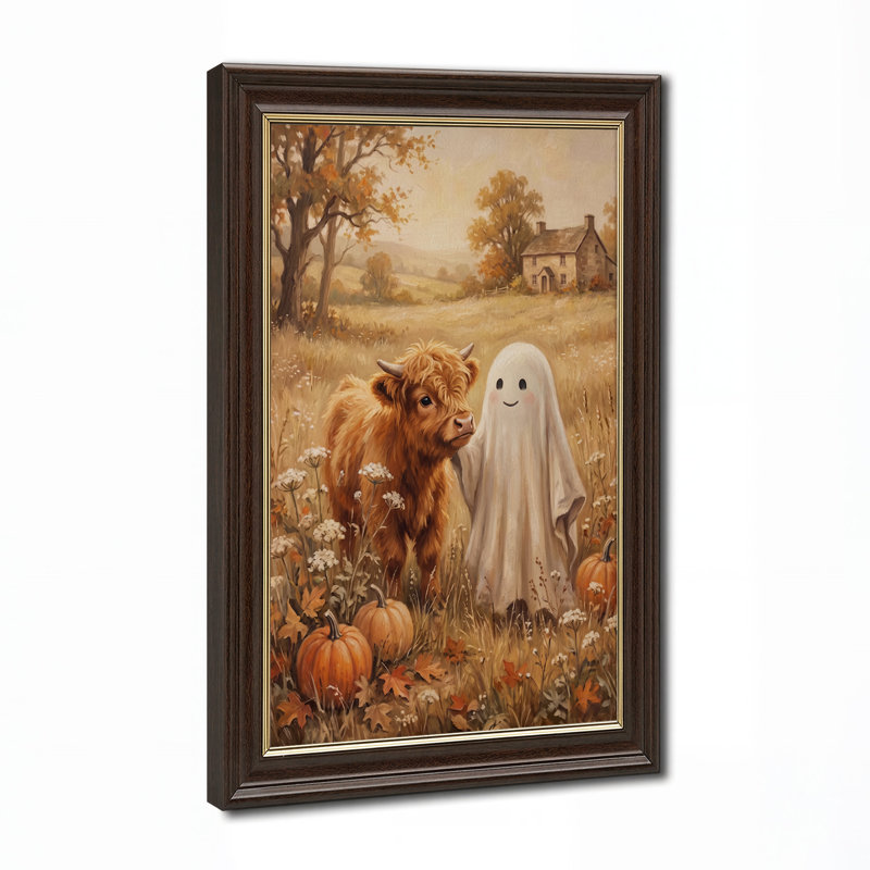 Art sur toile, vache brune brune et fantôme blanc en citrouille, H 24 po x l 16 po