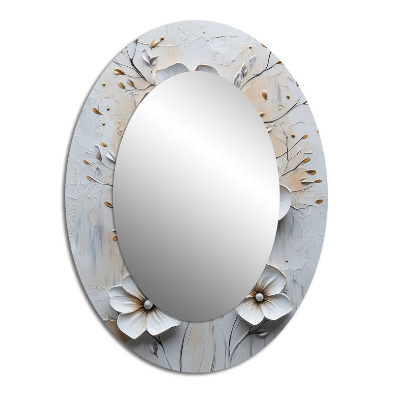 Blanc et noir Blooming Petunia's Charm - Miroir décoratif floral ovale sur métal, 40 po x 30 po