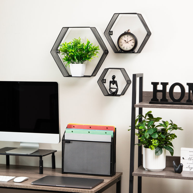 Ensemble de 3 tablettes flottantes hexagonales Mind Reader, décoration murale, tablette en nid d'abeille, bureau, treillis métallique