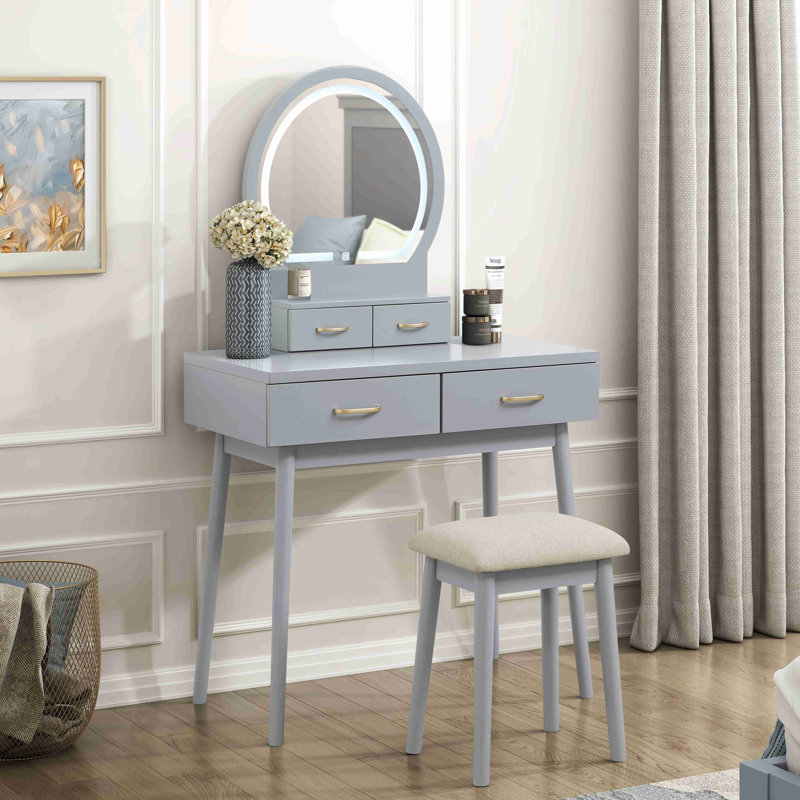 Magnifique commode avec miroir et tabouret avec tiroirs de rangement, Gris