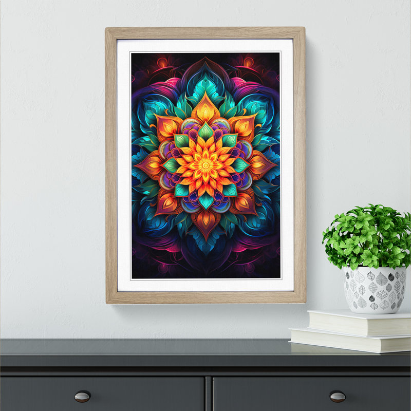 Mandala Digital No.3 - Single Picture Frame Print on Wood, 34cm H x 25cm W x 2cm D, Oak Framed