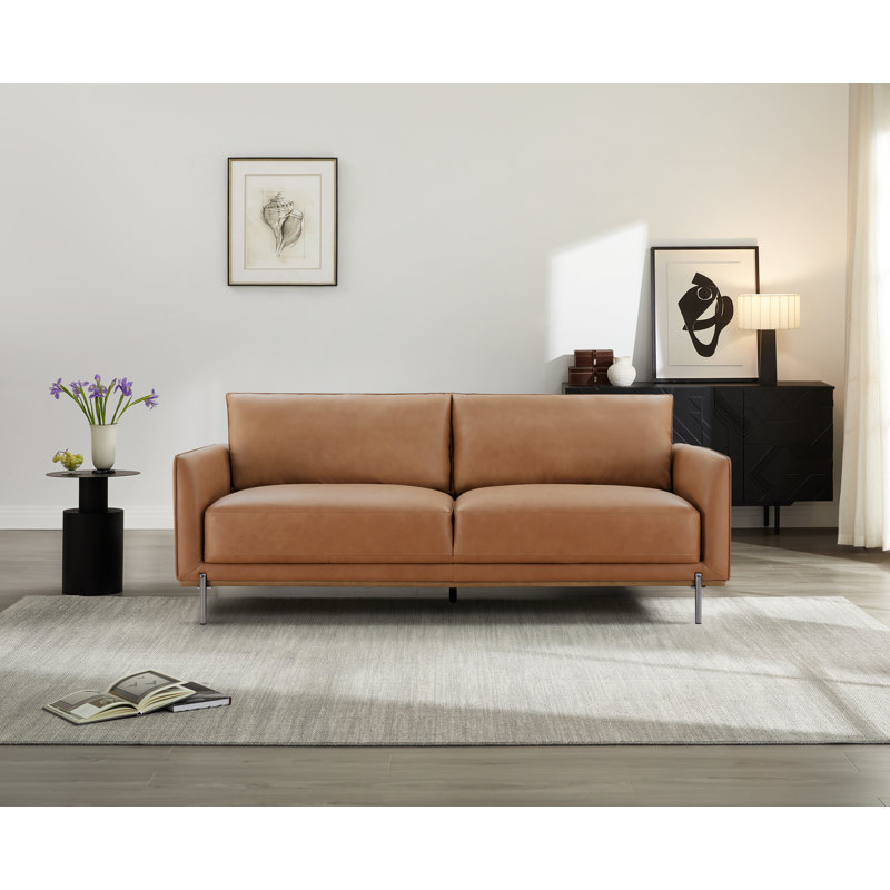 Jay Contemporary 83" Genuine Leather Upholstered Sofa With Metal Legs