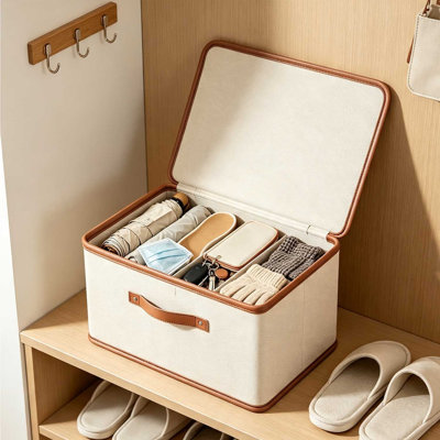 Foldable Fabric Storage Bin with Leather Handle, Collapsible Oxford Cloth Storage Organizer Box with Sturdy PU Trim, Stackable Closet Storage Basket f