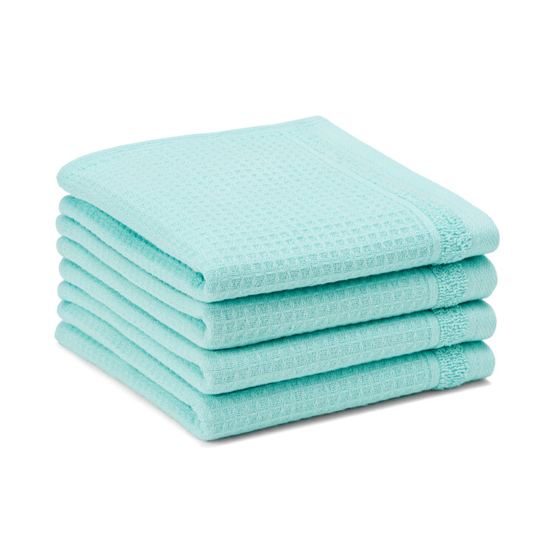 TOWN & COUNTRY BASICS 4-Piece Waffle Woven Terry Stripe Washcloth Set, 13x13-Inch, 100% Cotton, Quick Dry, Mint Blue