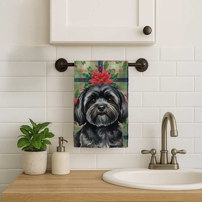 Black Lhasa Apso Christmas PoinsettIas Kitchen Towel, Black Lhasa Apso