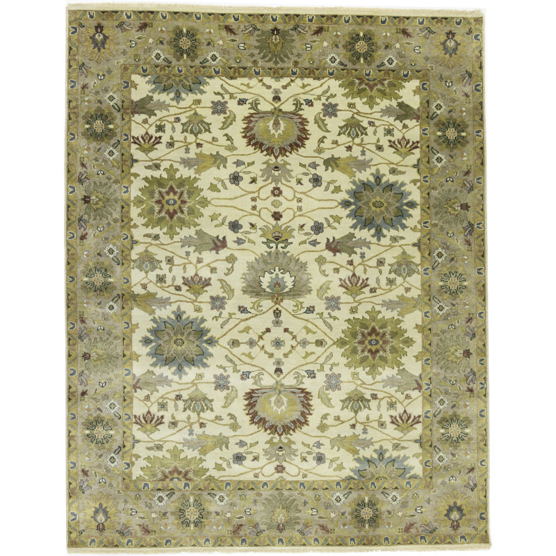 Oriental Handmade Hand-Knotted Rectangle 7'11" x 10'1" Wool Area Rug in Cream