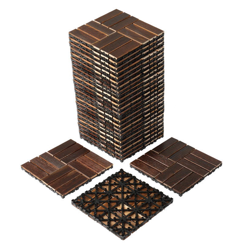 27Pcs Solid Pine Wood Interlocking Patio Deck Tiles, Dark Brown Wood