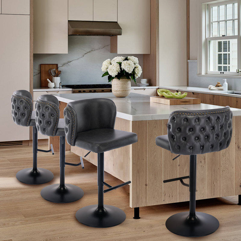 Tabourets de bar modernes rembourrés en polyuréthane avec dossier entièrement capitonné, Noir, Gris foncé, 4