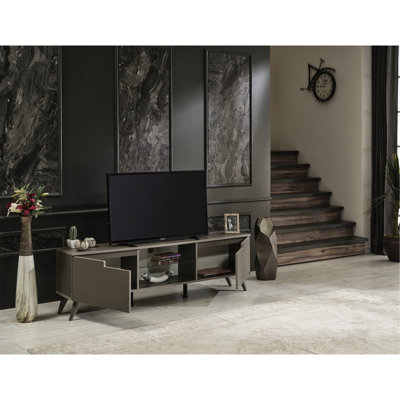 Brown 66 Inch Tv Stand, Mid Century Modern With 2 Door Cabinets And 1 Glass Shelf Stand In