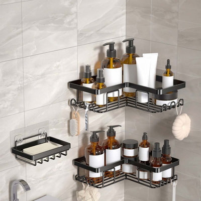 3-Pack Corner Shower Caddy - Rustproof Steel, No Drill, Soap Holder 12 Hooks Black