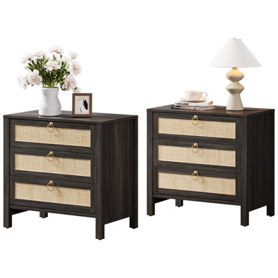 Pomodoro Boho-Inspired Rattan Nightstand With 3-Drawer