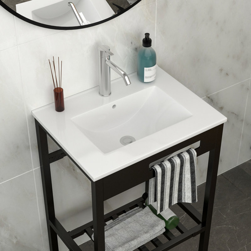Console de lavabo en céramique 24 po x 18 po pour salle de bain, avec trop-plein et pieds noirs, surface non poreuse lisse, fixation murale peu encombrante, salle de bain intérieure / extérieure convenable avec teinture hygiénique, faible niveau d'eau