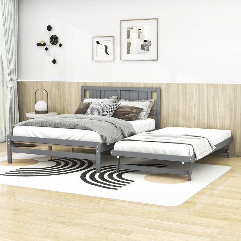 Lit plateforme double en bois avec lit gigogne réglable simple et tête de lit, gris
