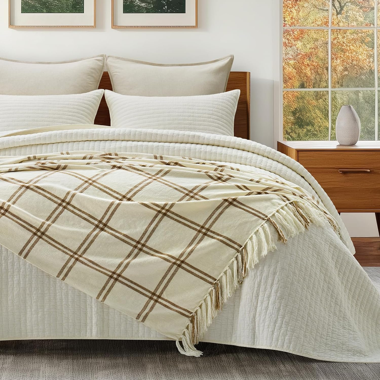 Chenille Throw Blanket, 60" L x 50" W, Cream/Beige Plaid