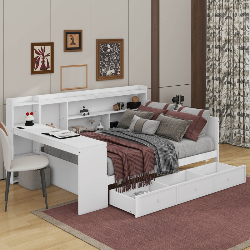 Lit de jour en bois pleine grandeur avec tiroirs, USB et bureau, Blanc