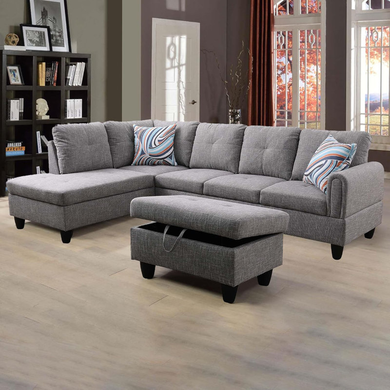 3-Piece Linen Sectional Sofa, Gray, Left Hand Facing