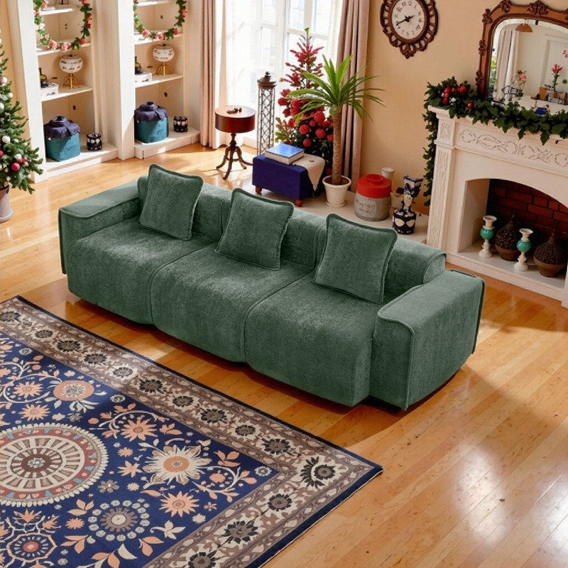 Canapé modulaire à 3 places avec passepoil à bordure française et coussins décoratifs en velours, Vert