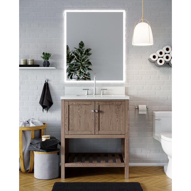 Ensemble de meuble-lavabo simple Riose, Quartz blanc glacier, Chêne patiné, 36"