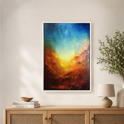 Fiery Clouds Radiant Sun Vibrant Sky Canvas Wall Art with Floating Frame, Ready to Hang
