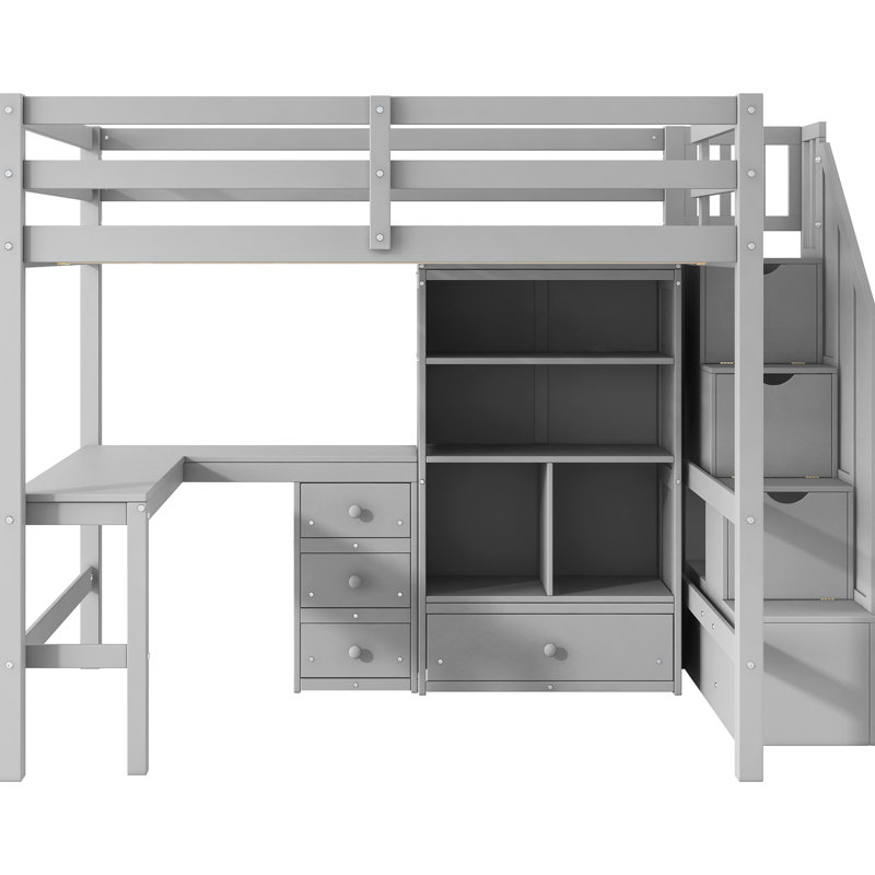 Lit mezzanine double avec bureau en L, tiroirs, armoire et escalier de rangement organisé, Gris