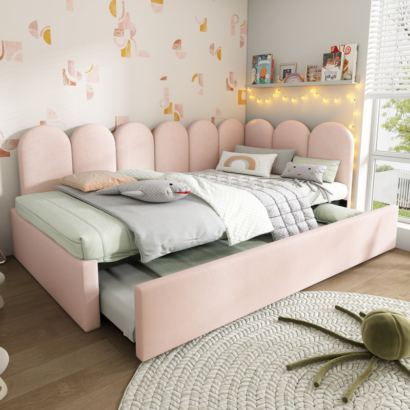 Upholstered Bed Daybed With Pull-Out Bed, Twin Size Single Sofa Bed,Guest Beds For Adults And Children, Bed With Metal Slatted Frame, Velvet, Pink (Without Mattress)