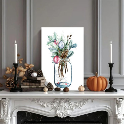 1 Piece Framed Wall Art Canvas - Christmas Floral, Pine Cones and Holly Berries, Watercolor Hand-painted Style Decorative Vintage Wall Poster Home Decor Modern Art for Bedroom Living Room Perfect Giftness