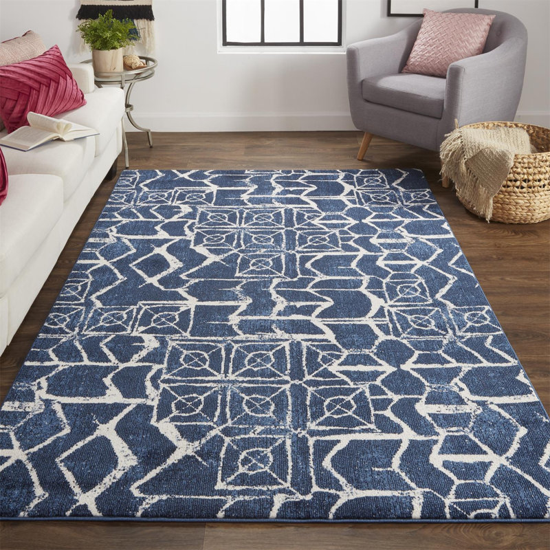 Tapis bleu Chypre tissé à la machine, Rectangle 10 pi x 13 pi 2 po