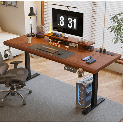 Electric Height Adjustable Standing Desk with Solid Wood Top & Monitor Shelf