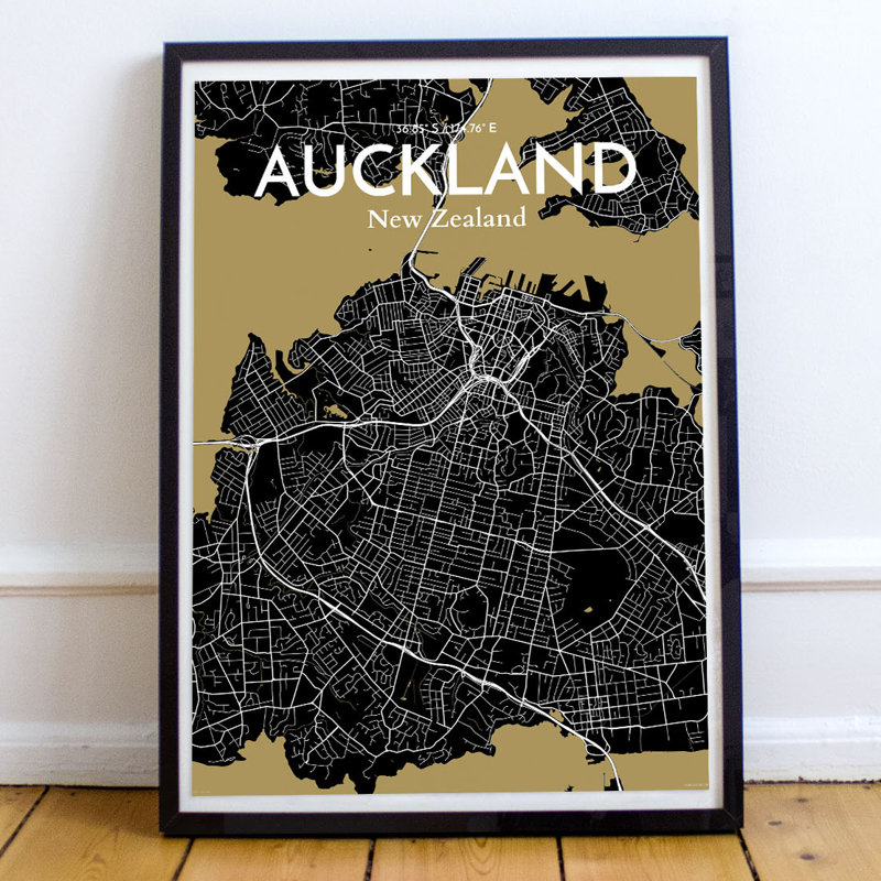 Auckland City Map - Unframed Graphic Art Print on Paper, 43.2cm H x 27.9cm W x 0.13cm D, Black