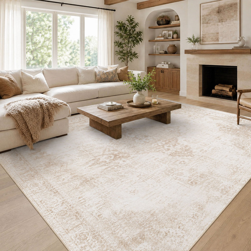 Tapis beige lavable de style bohème vintage avec médaillon, 2,44 m x 3,05 m.