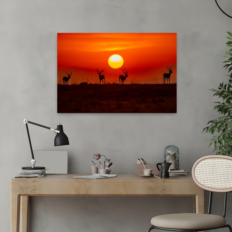 «Impala Sunset Silhouettes Dramatic Serene Tranquil Animal Landscape», art mural, 16" H x 24" W