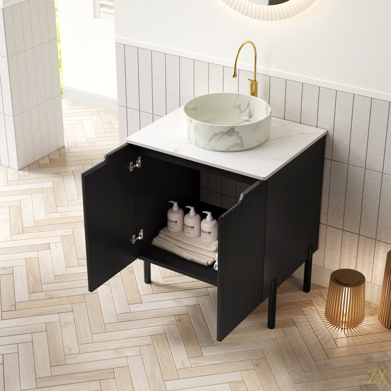 Meuble-lavabo de salle de bain 24 po avec lavabo, meuble-lavabo de salle de bain autoportant avec 2 portes rondes en céramique avec motif de pierre et comptoir Carrara