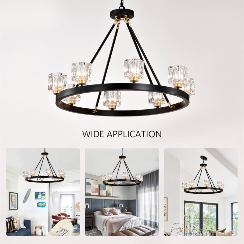 Noir mat + lustre en roue de chariot de style lustre en cristal de style campagnard pour salon