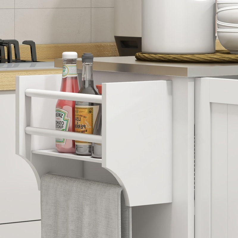 Îlot de cuisine roulant avec rangement, plateau en acier inoxydable, 3 armoires, tiroir, porte-épices et porte-serviettes