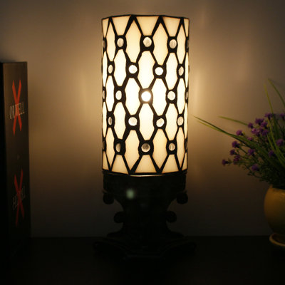 Antroy Small Tiffany Table Lamp Cream Pearl Bead Style Mini Stained Glass Desk Lamp 4X10 INCH