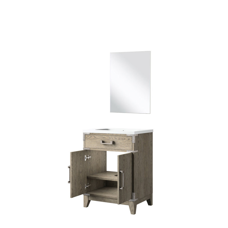 Meuble-lavabo en chêne gris 24 po x 18 po, comptoir en acrylique et miroir de 18 po à fermeture en douceur, riche espace de rangement intérieur 24 po 18 avec plateau
