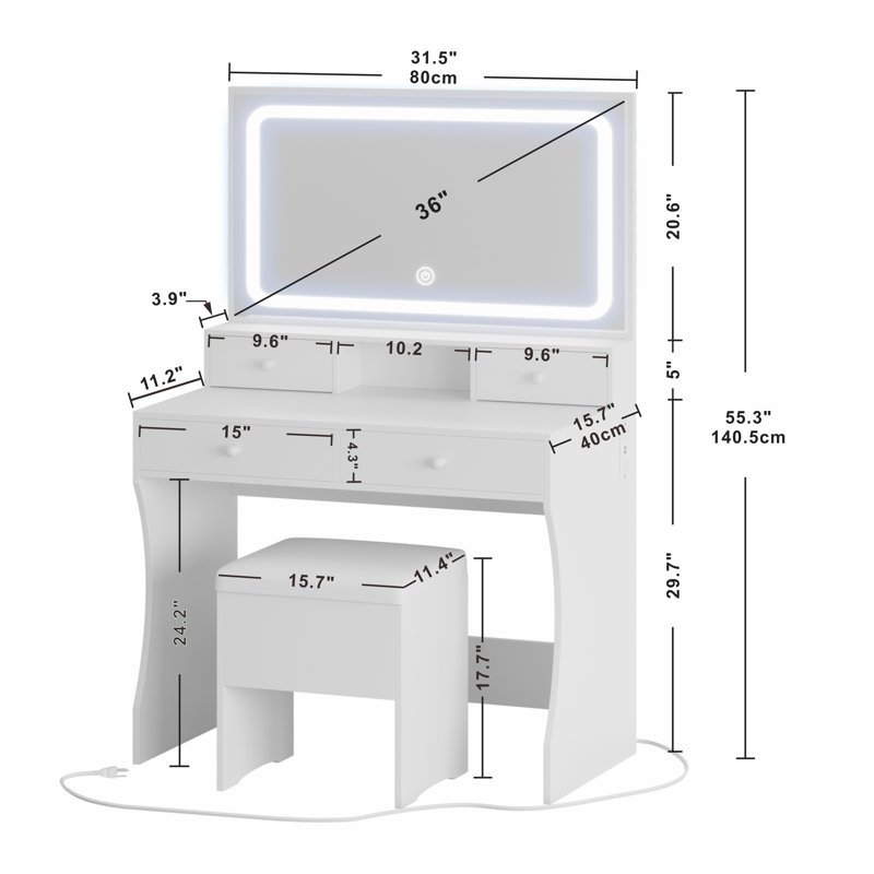 Baelyn Makeup Vanity  with  LED Lighted Mirror,  Modern 4 Drawers Vanities Desk with Stool, White