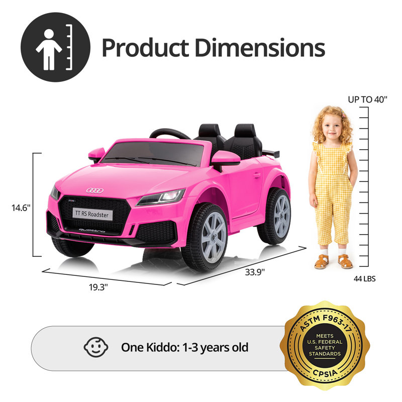 Voiture électrique Audi TT RS 12 V sous licence, jouet pour enfants de 1 à 3 ans avec télécommande et Bluetooth, rose vif